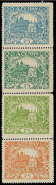 dvě svislé 4-pásky nálepek obchodníka Černého s obrazem známky 25 h Hradčany, obě jako soutisk 4 různých barev